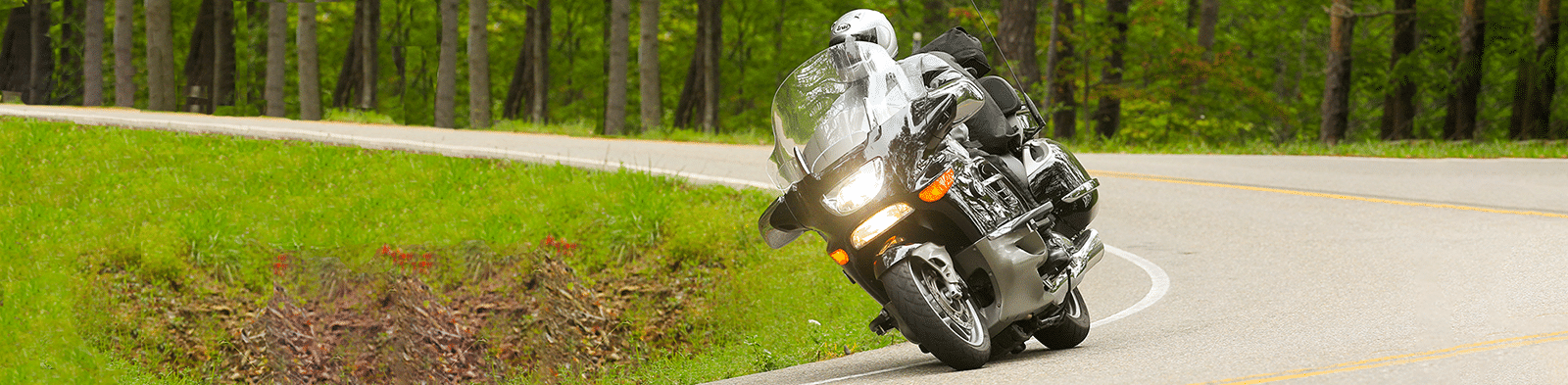 image of the motorcycle taking a curve on a road in the woods