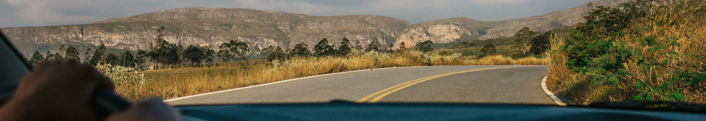image of the road, windshield, and steering wheel from a driver's perspective